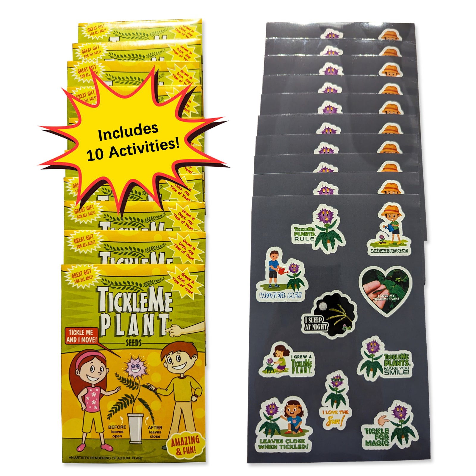 TickleMe Plant Seed Packets Bulk Party Pack (10) + 10 Free Sticker Sheets. Share Your Love of The TickleMe Plant. Grow a Real House Plant That Moves When Tickled!