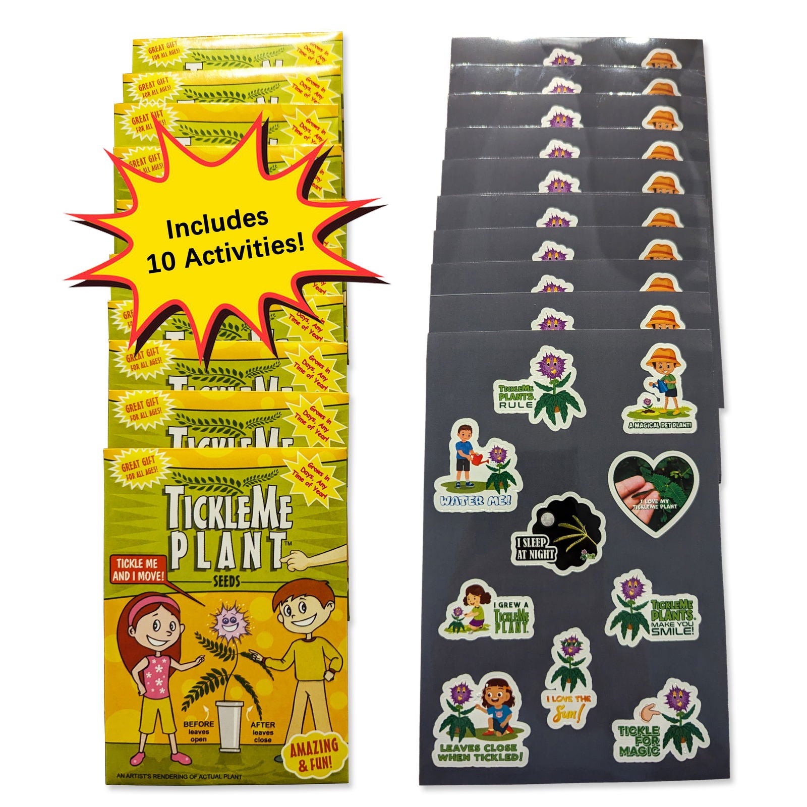 TickleMe Plant Seed Packets Bulk Party Pack (10) + 10 Free Sticker Sheets. Share Your Love of The TickleMe Plant. Grow a Real House Plant That Moves When Tickled! TickleMe Plant Company, Inc